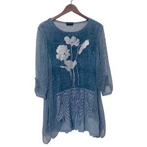 Anna Rose Blue Floral Lace Trim Mesh Sleeve Tunic Top L Etheral Cottagecore Boho